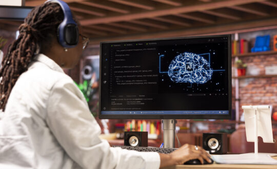 Tech support expert wearing headphones, doing checkup on AI systems