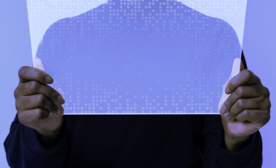 Woman using transparent tablet innovative technology