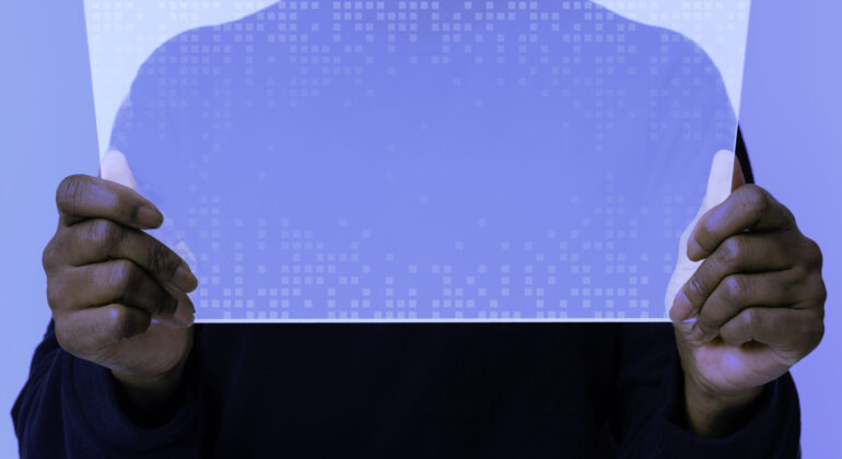 Woman using transparent tablet innovative technology